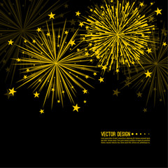 Vector firework design on black background with scattered stars and sparkles. Bright festive decoration.