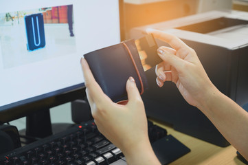businesswoman hand using smart phone, tablet payments and holding credit card online shopping, omni channel, digital tablet docking keyboard computer at office in sun light