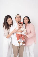 Happy Asian family on white background