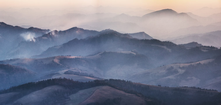 fog in the mountains. scenic sunrise in the Carpathian mountains