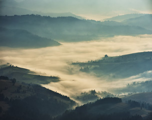 fog in the mountains. scenic sunrise in the Carpathian mountains