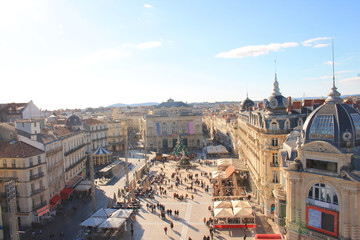 Fototapeta premium Comedy square in Montpellier, its opera and the three graces fountain, France