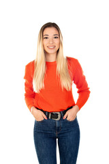 Pretty blonde woman with red jersey