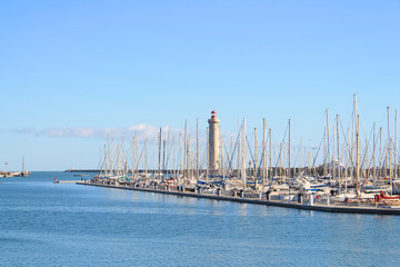 Port and Lighthouse Saint Louis in Sete, a seaside resort and singular island in the Mediterranean sea, it is named the Venice of Languedoc Rousillon, France