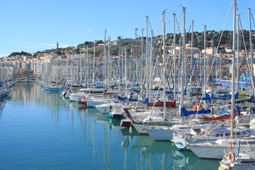 Fototapeta na wymiar Marina of Sete, a seaside resort and singular island in the Mediterranean sea, it is named the Venice of Languedoc Rousillon, France