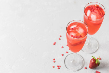 Strawberry sparkling st valentines cocktail. Selective focus, copy space.