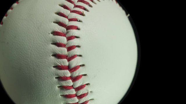 Baseball. Ball games and sport. Individual baseballs spinning and tracking forwards towards the camera. Baseball close up.