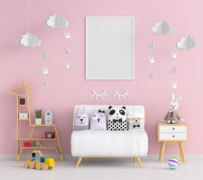 Blank photo frame for mockup in pink child room, 3D rendering