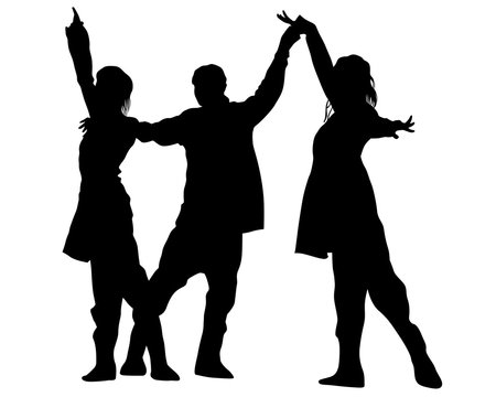 Artists on stage dance and raise their hands up. Isolated silhouettes on a white background
