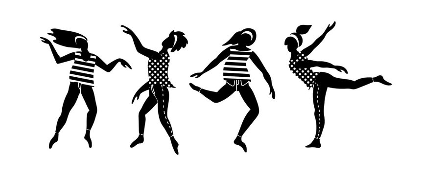 Group Of Young Women Dancing In Free Spontaneous Way. Simple Black And White Vector Illustration.