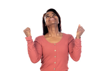 Adorable african woman with pink t-shirt