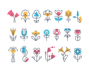 Graphical flower set, line and geometrical floral icons.
