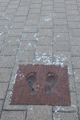 Footprints - Cathedral Square, Vilnius, Lithuania. Baltic Way foot prints. 2 million Latvians, Estonians and Lithuanians joined hands to form a 600km-long human chain from Tallinn to Vilnius via Riga.