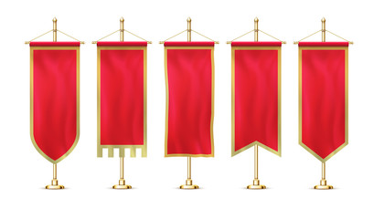 Blank red pennant flag mockup banner hanging on golden rack pole realistic stylish retro style set.