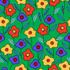 Seamless pattern with hand drawn abstract flowers and leaves on green background. Summer concept. Meadow concept