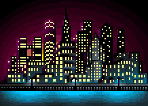 Pixel Art City Landscape Vector Illustration. Cityscape At Night Wallpaper.