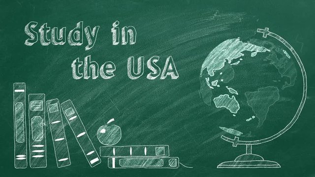 Lettering "Study in the USA", rotating globe and school books are drawn with chalk on a blackboard. Study abroad concept.