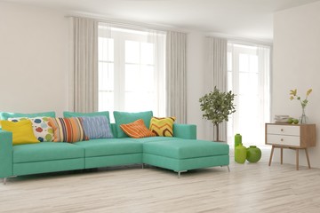 Stylish room in white color with sofa. Scandinavian interior design. 3D illustration