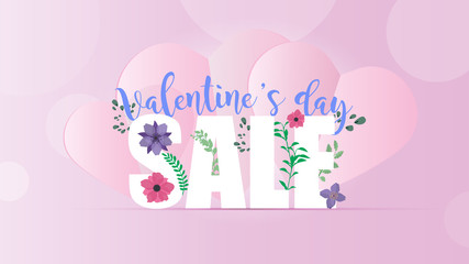 Valentine's day sale pink banner. Pink hearts, lettering and flowers. Good to accompany sales and discounts on Valentine's Day. Vector illustration