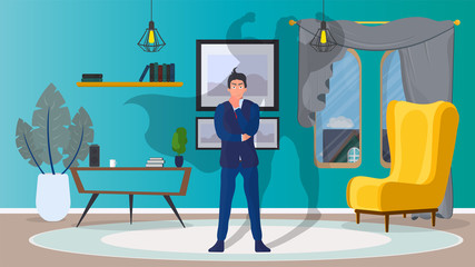 Business vector banner. Super businessman concept. Businessman with a superhero shadow. Confident young elegant man.