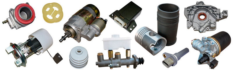 Auto spare parts car on the white background. Set with many isolated items for shop or aftermarket	