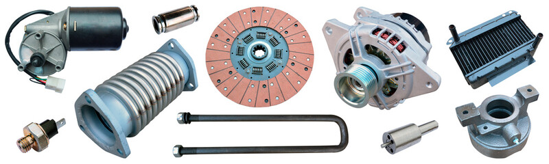 Auto spare parts car on the white background. Set with many isolated items for shop or aftermarket	