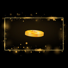 Vector golden frame with light effects. Gold coin inside. Isolated on a black transparent background. Vector illustration, eps 10.