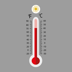 Celsius and fahrenheit meteorology thermometers measuring heat and cold, vector illustration. Thermometer equipment showing hot or cold weather.	