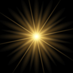 Shining vector golden sun with light effects. Flares and gleams rounded and hexagonal shapes, rainbow halo.	