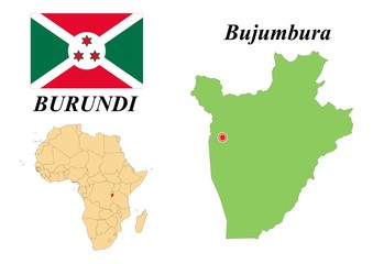 Republic of Burundi. The Capital Is Bujumbura. Flag Of Burundi. Map of the continent of Africa with country borders. Vector graphics.