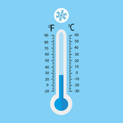 Celsius and fahrenheit meteorology thermometers measuring heat and cold, vector illustration. Thermometer equipment showing hot or cold weather.	