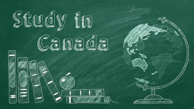 Lettering "Study in Canada", rotating globe and school books are drawn with chalk on a blackboard. Study abroad concept.