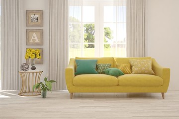 Stylish room in white color with sofa and summer landscape in window. Scandinavian interior design. 3D illustration