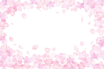 Fototapeta na wymiar 桜のシルエットと散る花びらの囲みフレーム　水彩イラスト