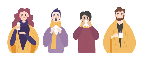 Set of people with cold or flu. Characters with runny nose, cough, fever and sneezing are isolated on a light background. Vector flat cartoon illustration - obrazy, fototapety, plakaty