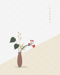 Traditional Japanese style flower arrangement calling "Ikebana". Poster in simple and minimal style.