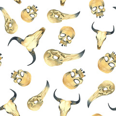 Watercolor skull pattern. Seamless pattern with watercolor skulls. Halloween endless pattern. Mystic background. 