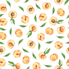 Watercolor peaches pattern. Seamless pattern with watercolor peach. Summer fruits pattern. Endless background with fruits. Summer backdrop. 