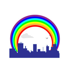 city outline on a background of rainbow and sky. multicolored vector landscape for the design of eco posters, logos