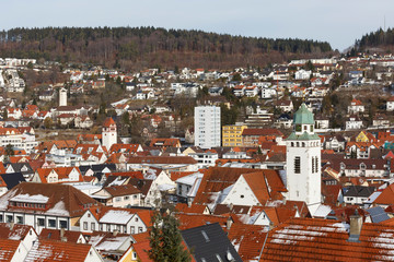 Zentrum von Albstadt-Tailfingen mit Ausblick auf die Pauluskirche