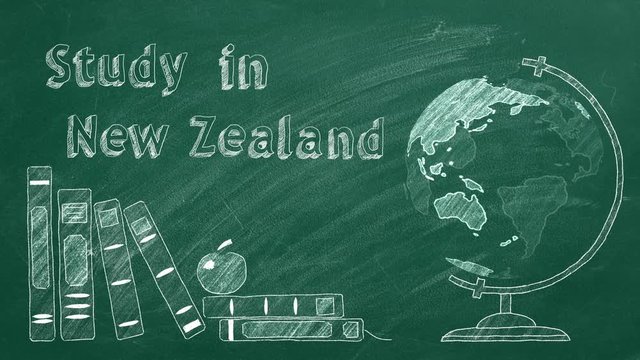 Lettering "Study in New Zealand", rotating globe and school books are drawn with chalk on a blackboard. Study abroad concept.