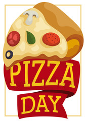 Pizza with Mixed Ingredients and Ribbons to Celebrate Pizza Day, Vector Illustration