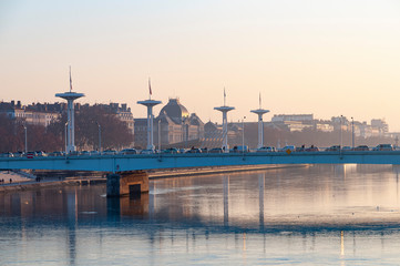 France. Lyon.  Quais du Rh&ocirc;ne et pont de la Guilloti&egrave;re. Rh&ocirc;ne quays and bridge.