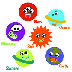 Kids Set of planets with funny faces. Cartoon style. white background, isolation. Stock illustration. Educational and game manual. Suitable for the design of children's clothing, boxes for toys.