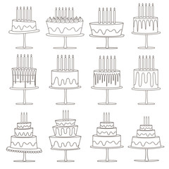 Fototapeta na wymiar Set of birthday cakes, Sweet collection on white background. Vector illustration.
