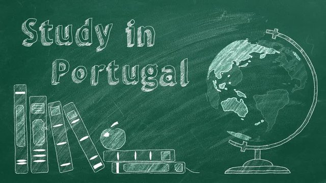 Lettering "Study in Portugal", rotating globe and school books are drawn with chalk on a blackboard. Study abroad concept.