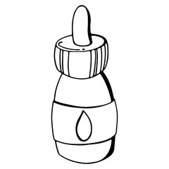 Digital illustration of a beauty doodle line jar with a dropper and a droplet. Print for packaging, banners, cards, fabrics, wrapping paper, branding, advertising.