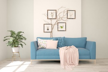 Stylish room in white color with blue sofa. Scandinavian interior design. 3D illustration