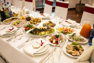 festive table with food at a wedding, birthday, baptism