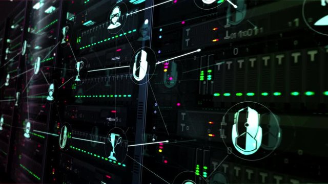 Futuristic datacenter with cyber game, esport, video sport and play awards symbols. Modern servers room digital seamless loopable 3d rendering concept animation.